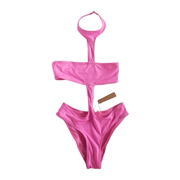 SKIMS Recycled Swim Cut Out Halter Neck Monokini Swimsuit Bikini Taffy Pink XS - Picture 4 of 6